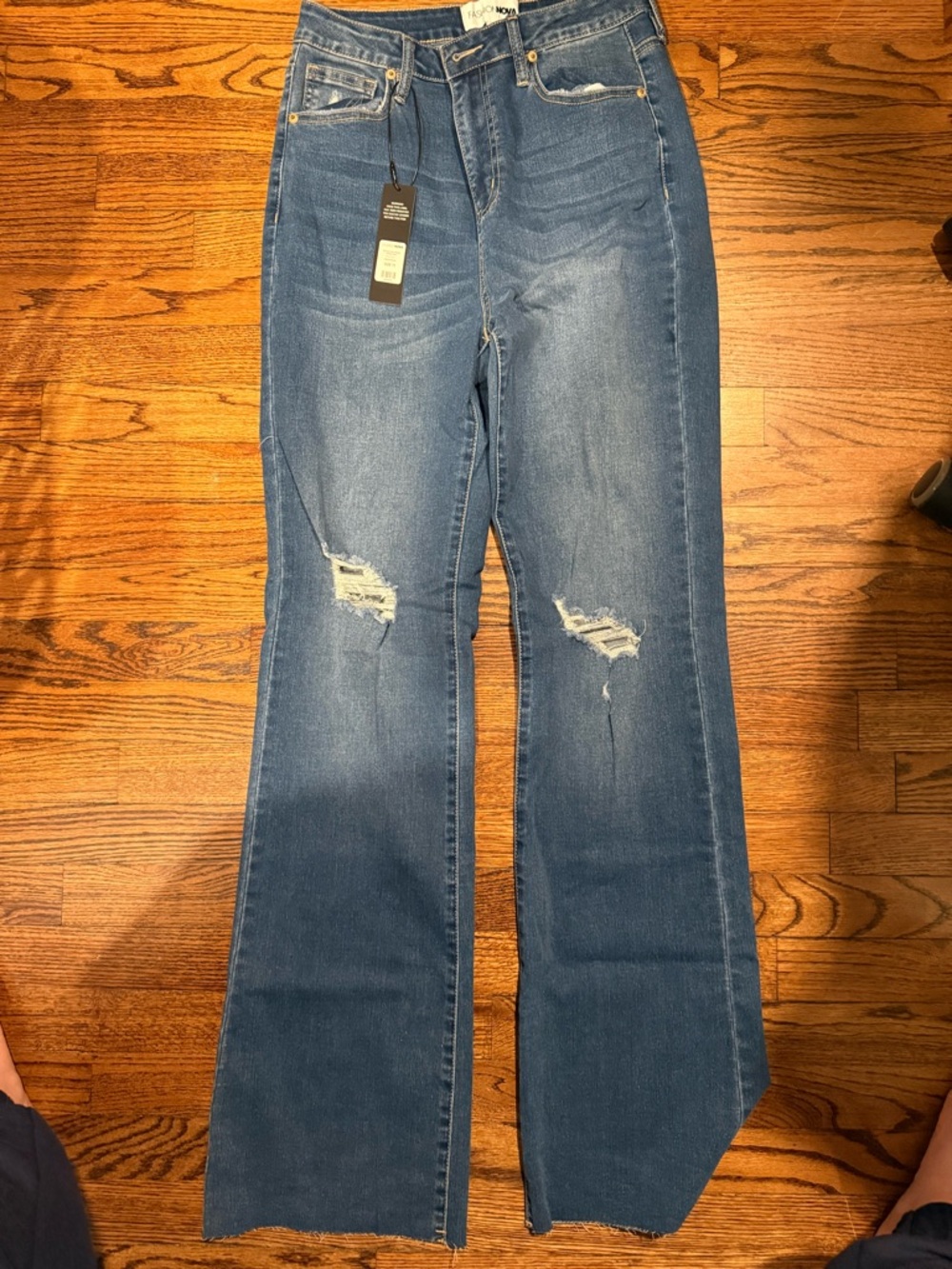 Fashion Nova Distressed Flare Jeans - Blue